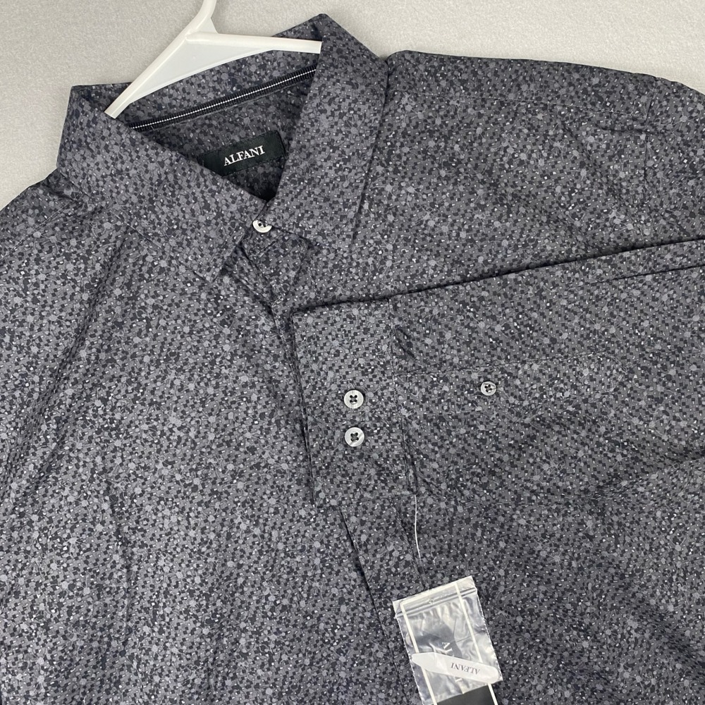 Alfani Mens Grey Geometric Pixel Print Button Down Shirt Long Sleeve Cotton L